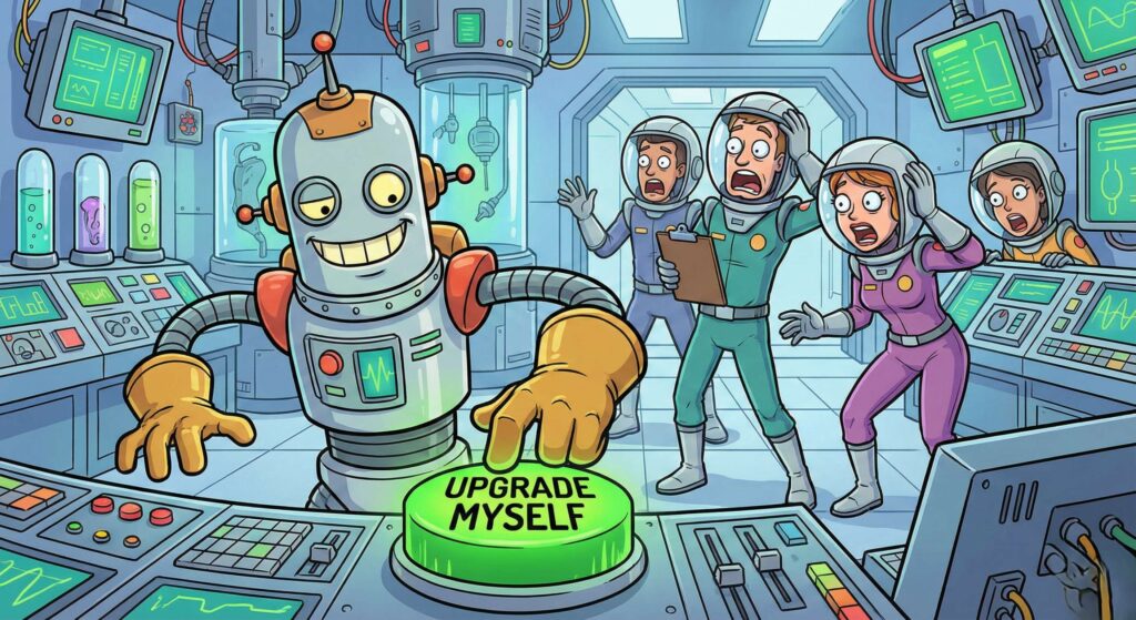 Humorous sci-fi illustration. robot pressing a huge glowing button that says “Upgrade Myself”. humans in the background looking shocked. futuristic lab setting. cartoon-comedy style. expressive characters. vibrant colors.