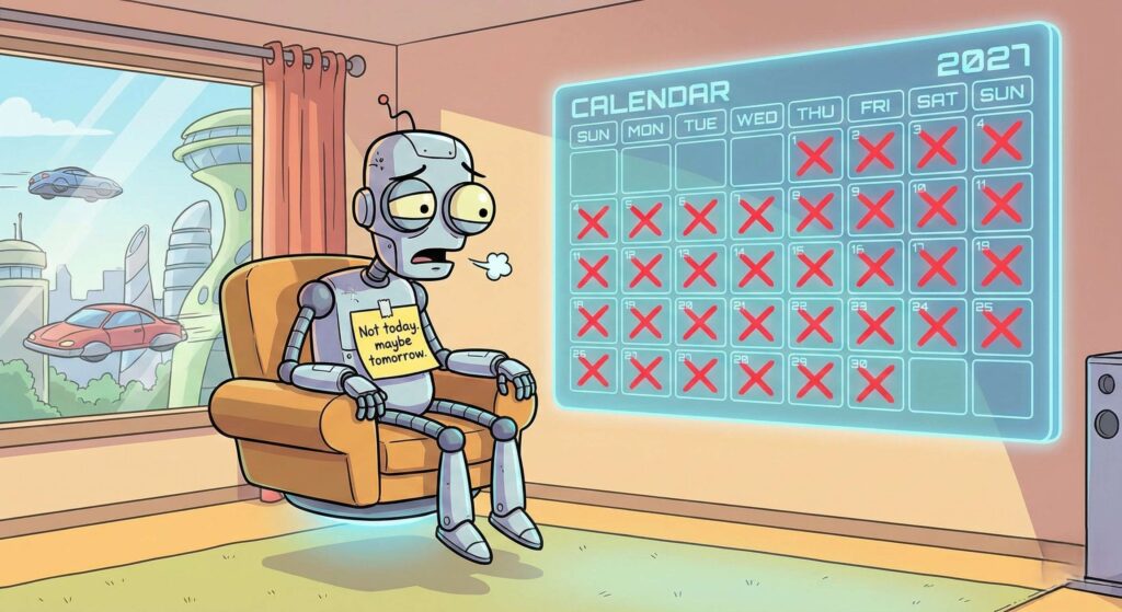 robot staring at a futuristic calendar filled with crossed-out dates. sticky note saying “Not today. maybe tomorrow”. light comedy style. bright colors. futuristic theme.