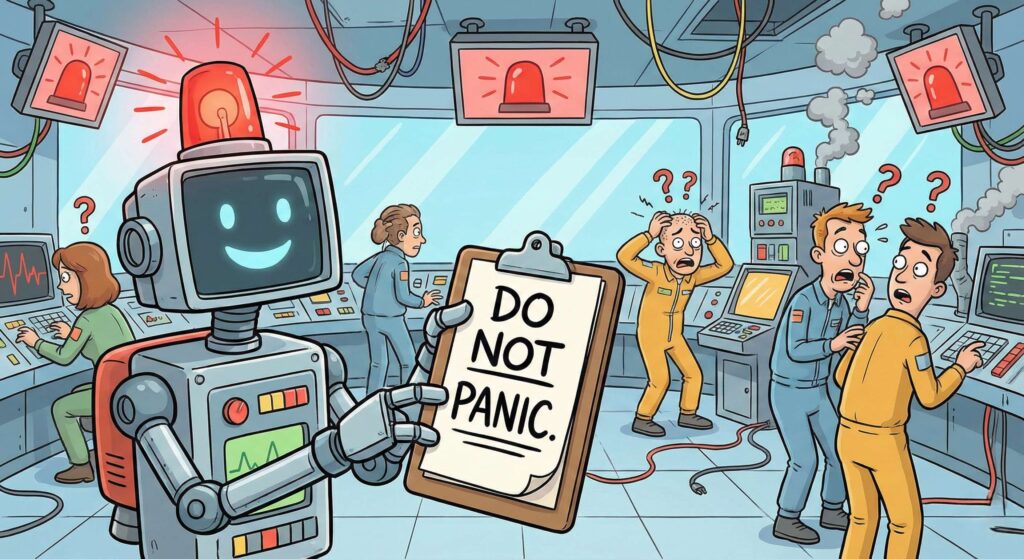Humorous sci-fi illustration. robot holding a clipboard that says “Do not panic”. red warning alarms flashing around. humans looking confused. playful cartoon style. exaggerated expressions.