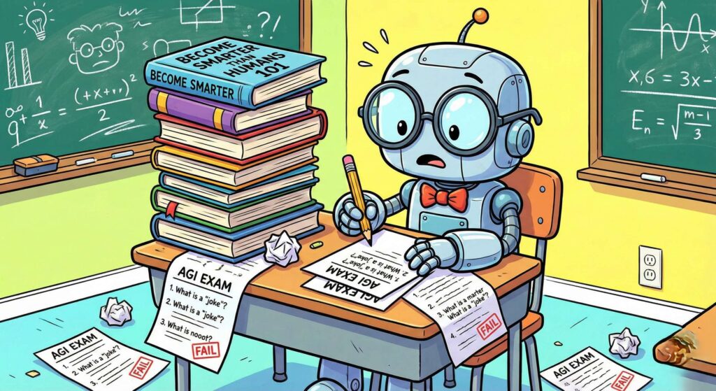 Comical illustration. robot sitting at a desk with books titled “Become Smarter Than Humans 101”. AGI exam papers everywhere. nerdy robot with cute face. bright classroom setting. colorful and humorous style.