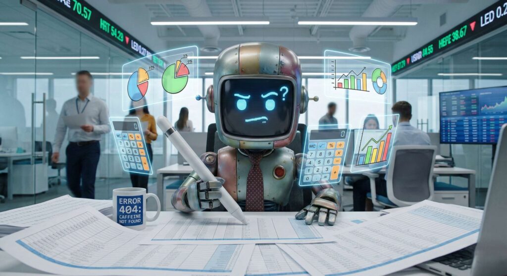 robot sitting at a desk doing financial calculations with huge spreadsheets