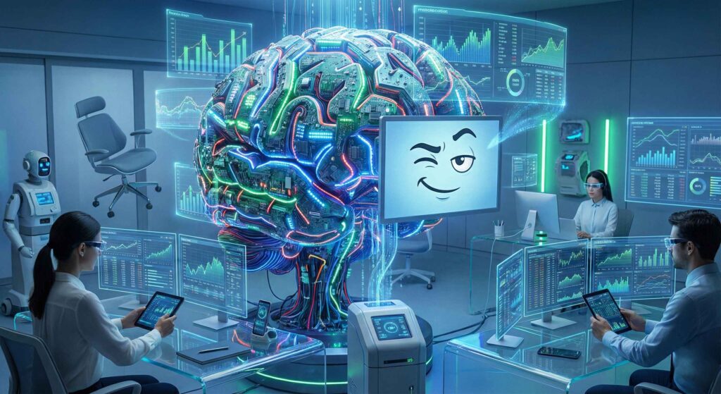 A brain-shaped machine made of circuits analyzing charts and data streams