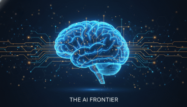 A modern illustration of a human brain merging with digital circuits, showing the connection between human thinking and artificial intelligence.