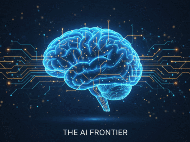 A modern illustration of a human brain merging with digital circuits, showing the connection between human thinking and artificial intelligence.