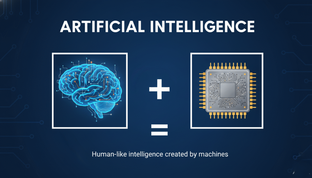 A simple visual graphic showing the definition of AI. Left side: Human brain. Right side: Computer chip. Title: “Artificial Intelligence = Human-like intelligence created by machines.