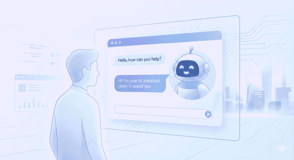 Illustration of an AI chatbot talking to a human through a digital chat window. Clean modern UI, friendly chatbot avatar, soft blue tones, minimal tech design, futuristic but simple